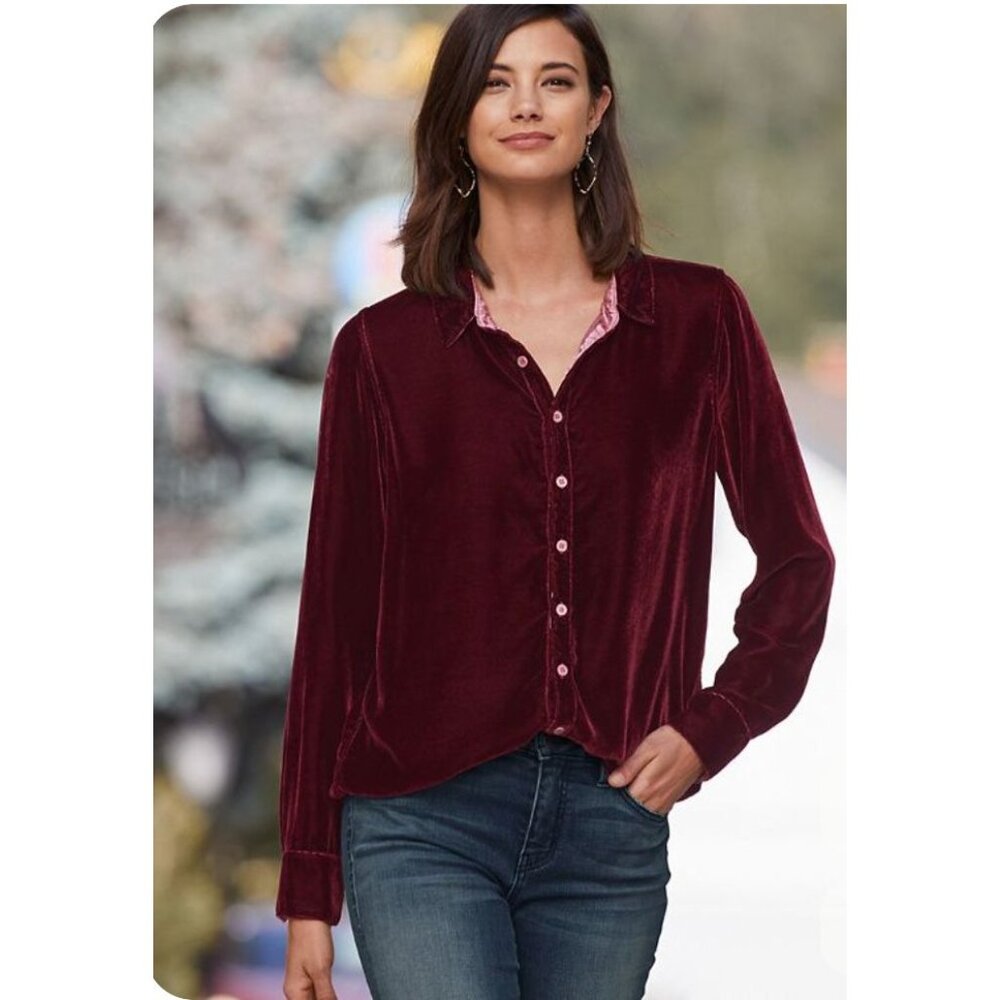 CP SHADES Burgundy Velvet Shirt With Silk Accents Size‎ X-Small